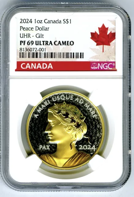 2024 Canada 1Oz Silver Proof Ngc Pf69 Ultra High Relief Uhr Peace Dollar W/ Gold