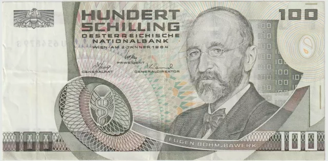Austria 100 Schilling Banknote 1984 Very Fine Condition Pick#150 Eugen B. Bawerk