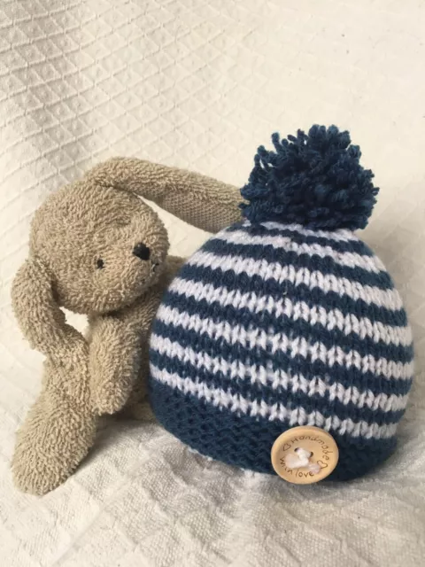 Hand Knitted Baby Bobble Hat 0-3 months New Dark Denim Blue Gift  Photo Prop