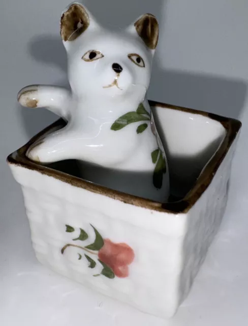 Vintage Porcelain White Kitten In Basket Hand Painted Flowers Miniature Figurine