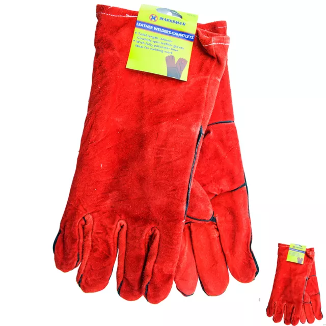 Red Leather Welders Gauntlets Welding Gloves Cotton Lined Safety Heat Resistant