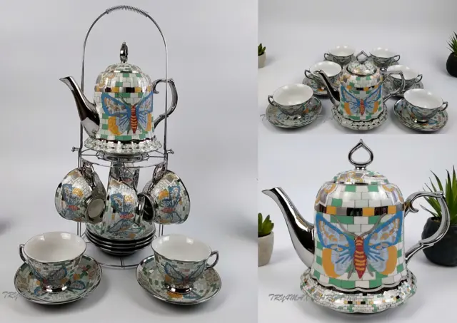 15Pcs Tea Set With Rack Cups Saucers Teapot China Tea Pot Coffee Kitchen Set