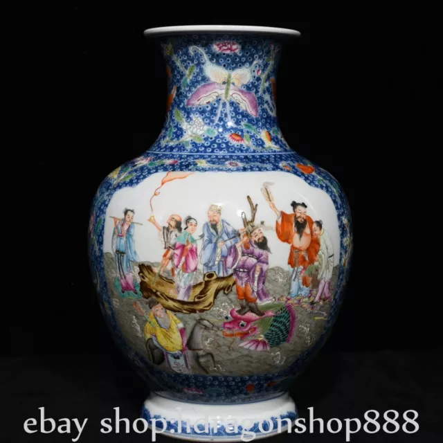 9.6" Qianlong Marked Blue White Pastel Porcelain Eight Immortals Vase Bottle