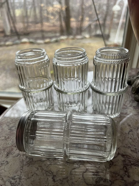 Lot of 4 ribbed HOOSIER SELLERS KITCHEN CABINET glass SPICE JARS