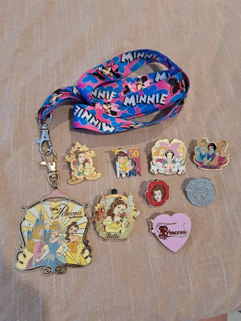 Disney Trading Pin Lot 8 princess Pins Minnie Mouse lanyard w princess medalion