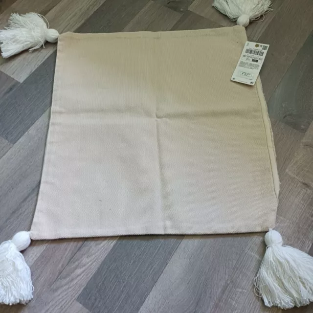 ZARA HOME Housse de coussin bicolore blanc beige pompons coton 45 x 45 cm (GLS)