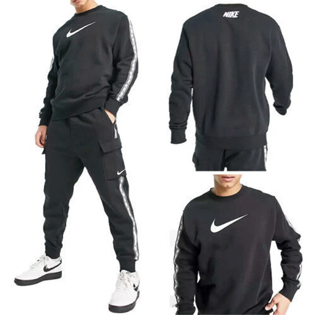 Nike Repeat Mens Fleece Tracksuit Sweatshirt Jogger Set Top Bottom Black