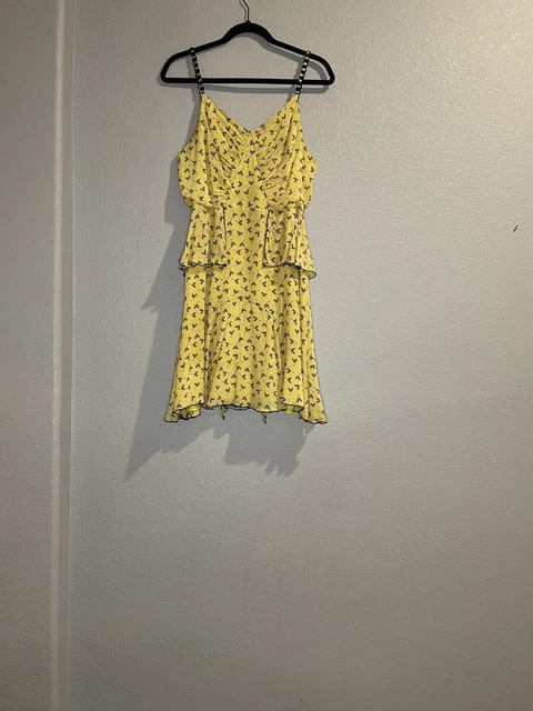 Y2K Vintage Anna Sui Peplum Dress 100% Silk Beaded Straps Yellow Zolo Sz 12