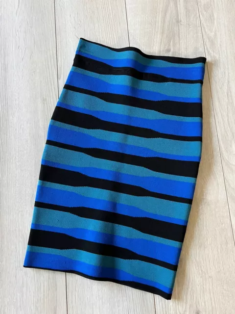 bcbg max azria Blue Black Striped Stretch Knit Body Con Pencil Skirt Sz XXS