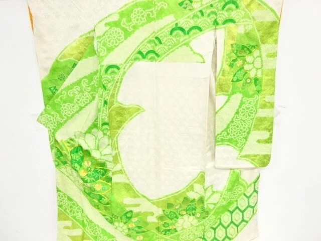 05922# Japanese Kimono / Antique Furisode / Embroidery / Shibori / Flower &