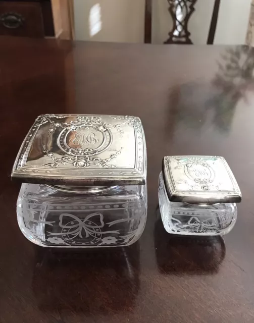 Pair Antique Victorian Vanity Jars Sterling Silver Lids Etched Hallmarks