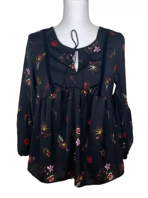 Old Navy Women's Blouse Size XS Long Puff Sleeve black Floral Tassel Top