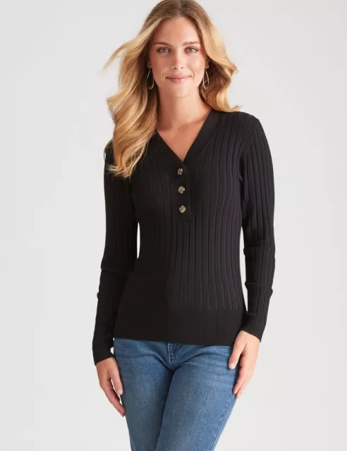ROCKMANS - Womens Tops -  Long Sleeve Button Front Basic Rib Knitwear Top