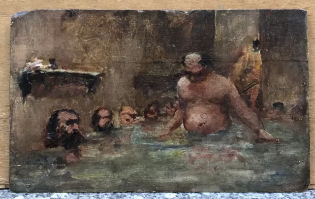 Tableau Ancien Huile Scène Hommes Nus Bains Saunas Moreau De Tours XIXe