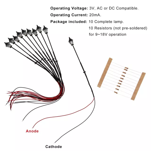 10pcs Model Railway LED HO Scale Lamps 1:87 Street Lights 2.24inch Warm White