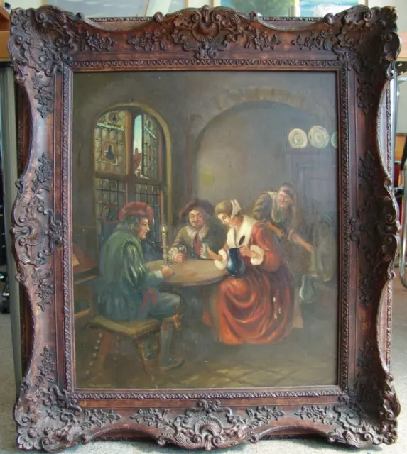 Gemälde Öl / Leinwand signiert Prunkrahmen mittelalterl. Gasthaus Szene