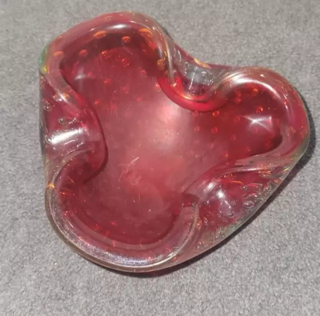 Murano Style Cranberry Bubble Glass Ashtray Bowl Mid Century 1960's No Sticker