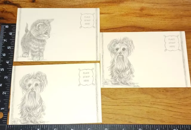 Vintage  greeting cards posta note, kitten, yorkie, lot of 3,, and Adams,unused