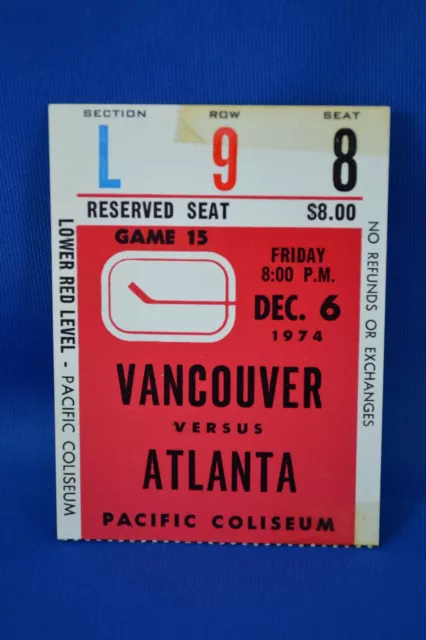 1974 VANCOUVER CANUCKS TICKET STUBS Versus ATLANTA 7-5 Vancouver win