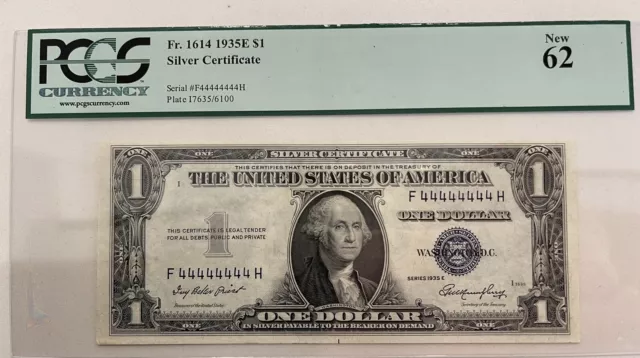 1935E $1 Solid Serial #44444444 Silver Certificate. Fr-1614. PCGS 62. Unc. Rare