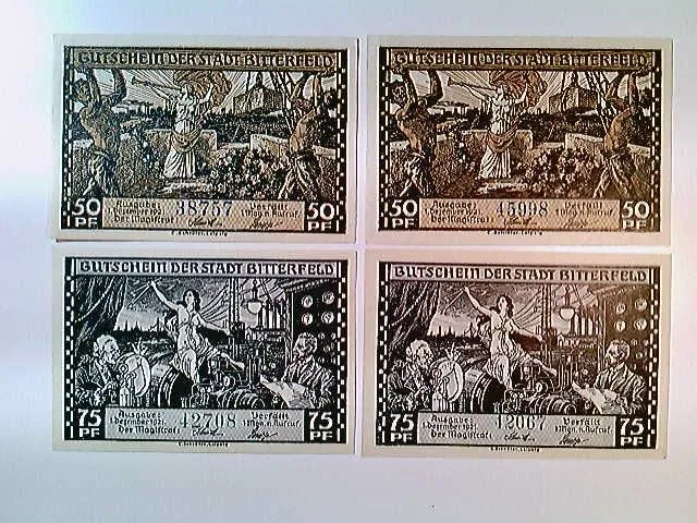 Notgeld, Stadt Bitterfeld, je 2x 50 und 75 Pfennig, versch. Motive, 1921