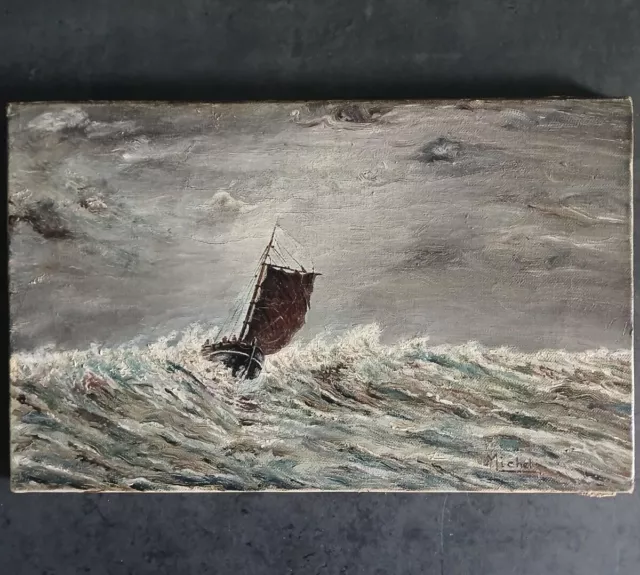 Ancien Tableau Hst Voilier dans la Tempête Signé