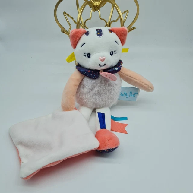 54 - Doudou Peluche Chat Rose Blanc Bleu Mouchoir Pollen Babynat Neuf