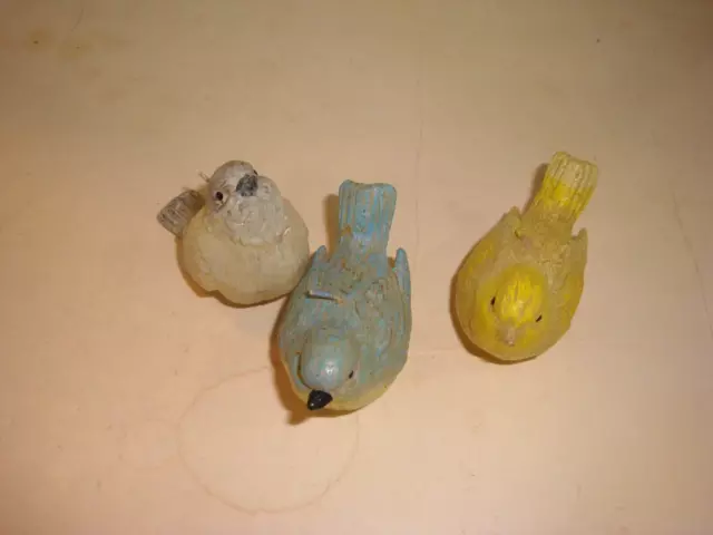 Set of  3 tiny bird party candles finch bluebird sparrow blue grey yellow unlit