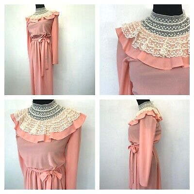 Victorian Style Maxi Dress size S M Vintage 1970s Pink White Lace High Neck DS7