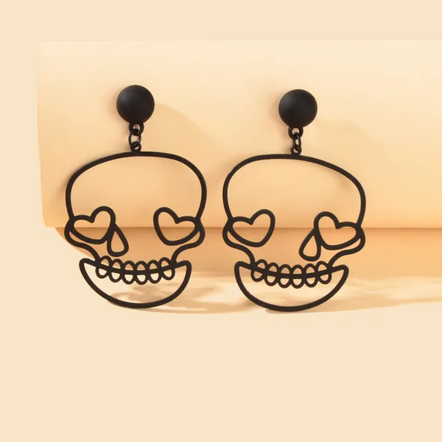 Personality Black Gold Metal Hollow Skull Dangle Minimalist Statement Earrings
