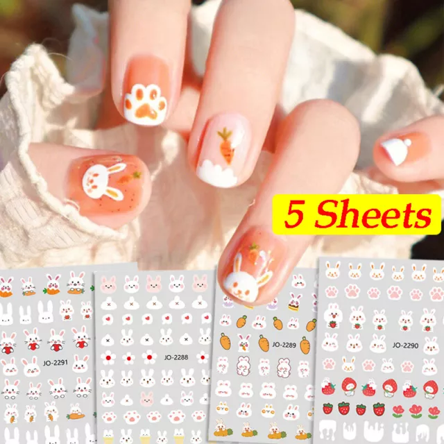 5 Feuilles D'autocollants 3D Pour Nail Art Lapins Mignons Modèle De R