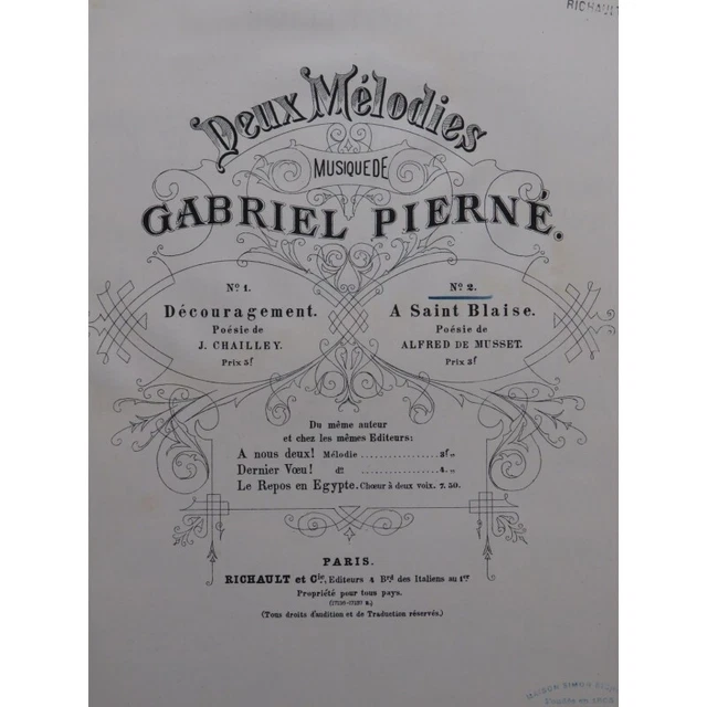 PIERNÉ Gabriel A Saint Blaise Chant Piano ca1885