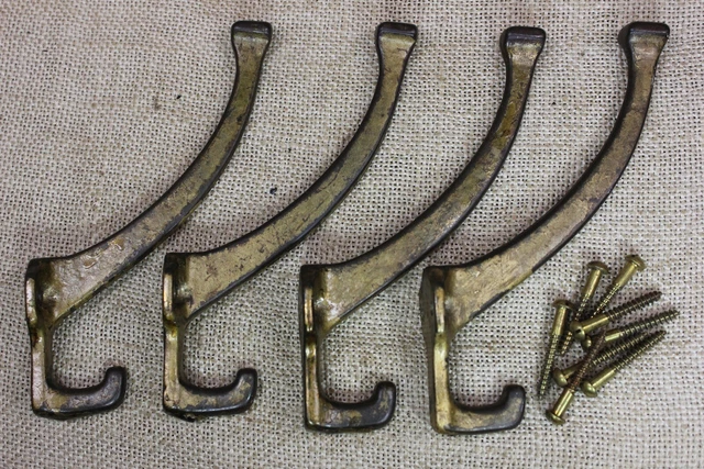 4 old Coat Hooks Mission House Bath Robe vintage Clothes Tree rustic Brass 5 1/4