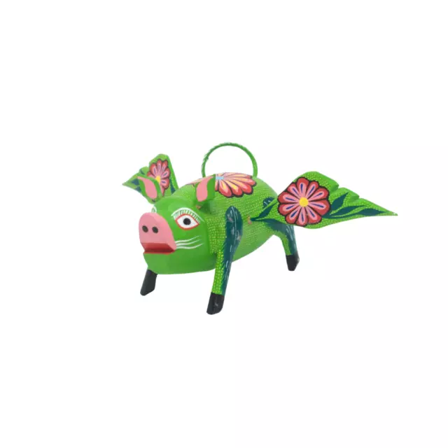 Handcarved Mexican Folk Art, Colorful Floral Green Pig with Wings, Magical Oaxac