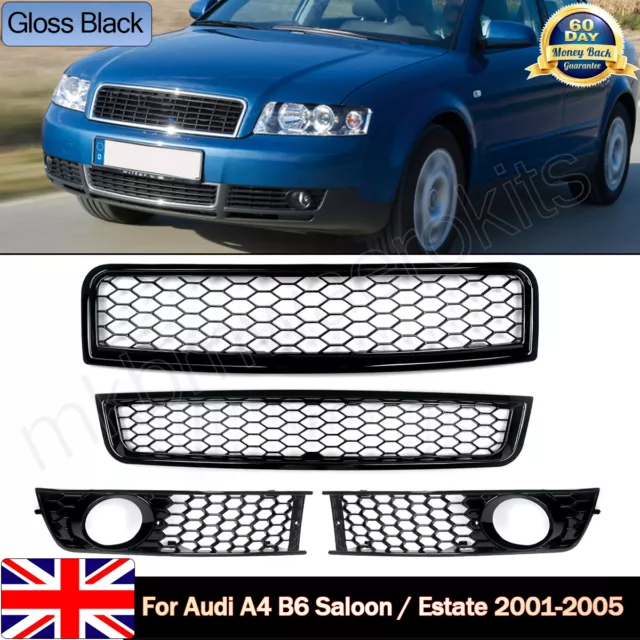 Honeycomb Front Bumper Grille+Mesh Fog Light Grille Cover for Audi A4 B6 2001-05
