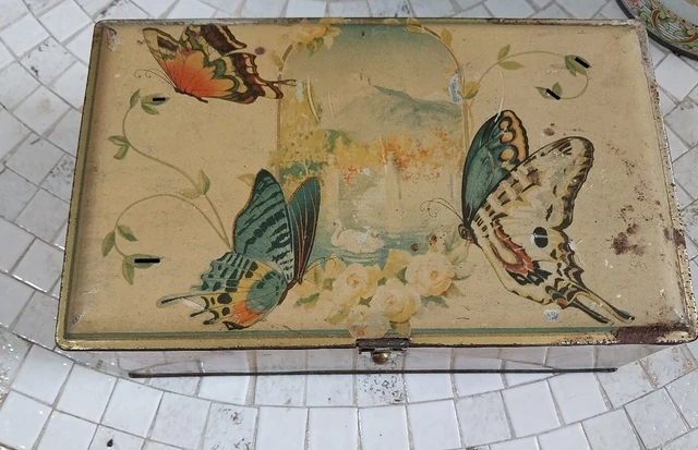 Vintage Artstyle Chocolate Company Metal Tin Litho Candy Box Butterflies