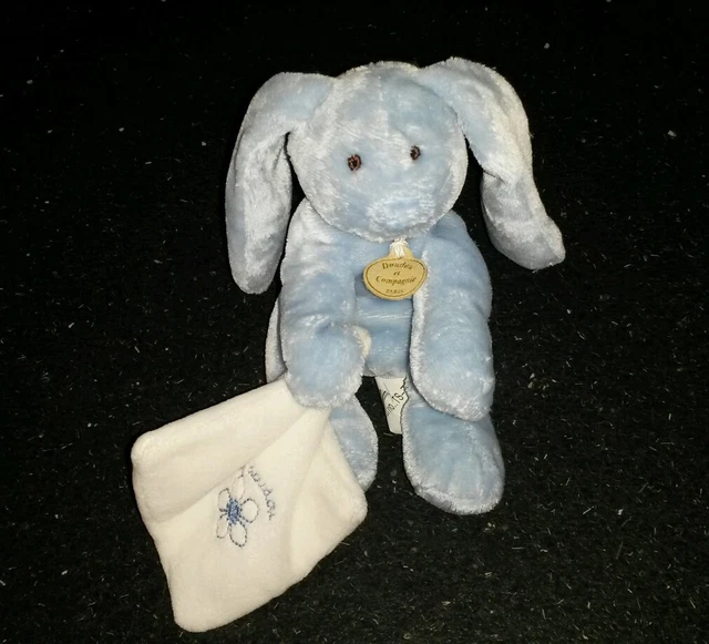 Peluche Mon Doudou et Compagnie lapin bleu mouchoir blanc fleur brodé TBE