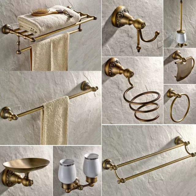 Antique Brass Carved Bathroom Accessories Bath Hardware Set Towel Shelf Bar