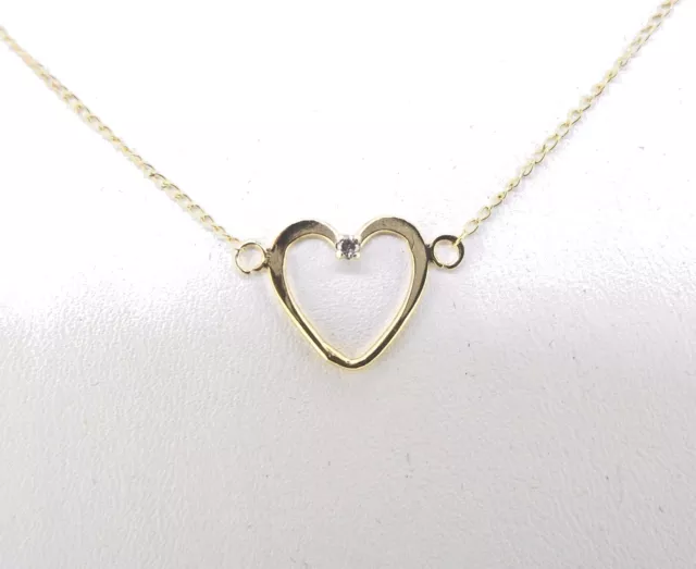 Pendant 14K Yellow Gold Open Heart with small diamond 17 1/4" light curb chain