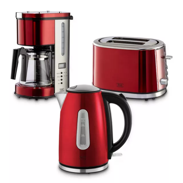 Frühstücksset Rot Metall Chrom aus Wasserkocher, Toaster & Kaffeemaschine