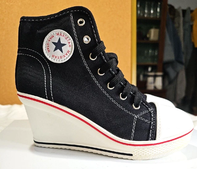 New 7.5 Lady's High Top Wedge Heel Sneakers Women Pumps Lace Up Shoes Canvas