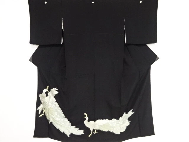 79221# Japanese Kimono / Antique Tomesode / Embroidery / Peacock