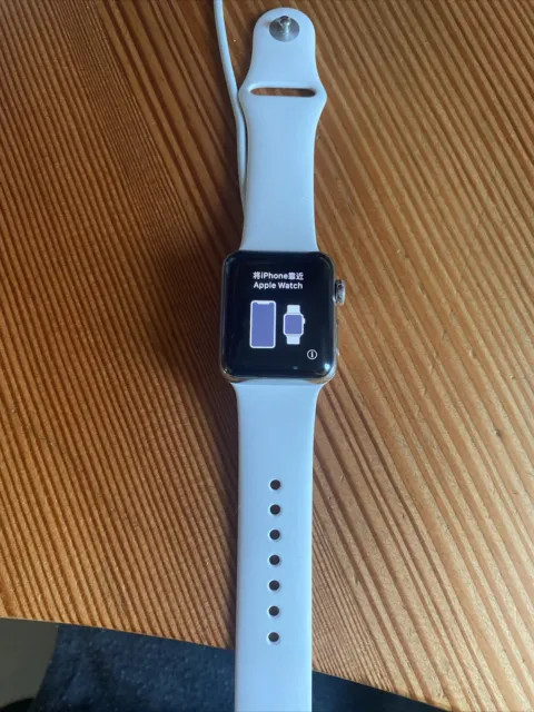 Apple Watch 38mm, Stainless Steel Case, White Sports Band