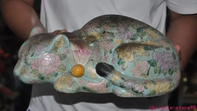 12.4"old Chinese Wucai porcelain peony fengshui animal cat ornaments statue