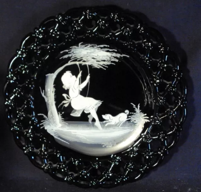 Westmoreland Mary Gregory plate Boy girl on swing 8.5" black glass artist signed