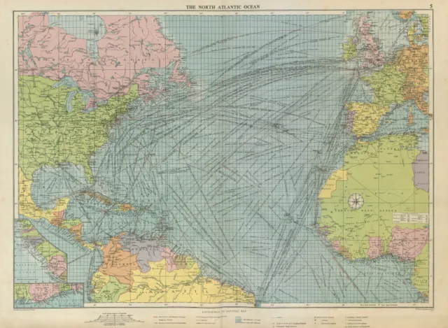 North Atlantic Ocean sea chart. Ports lighthouses mail routes. LARGE 1952 map