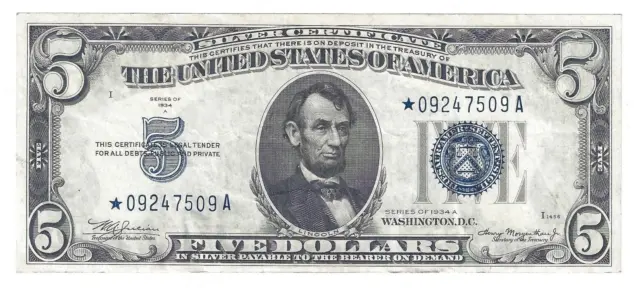 Uncirculated Series 1934 A $5 Five Dollar Silver Certificate Star Note - S125