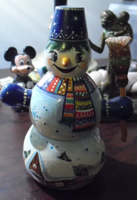 Unique Vintage Hand Painted Wood Russian Snowman Figurine SIGNED LOOK