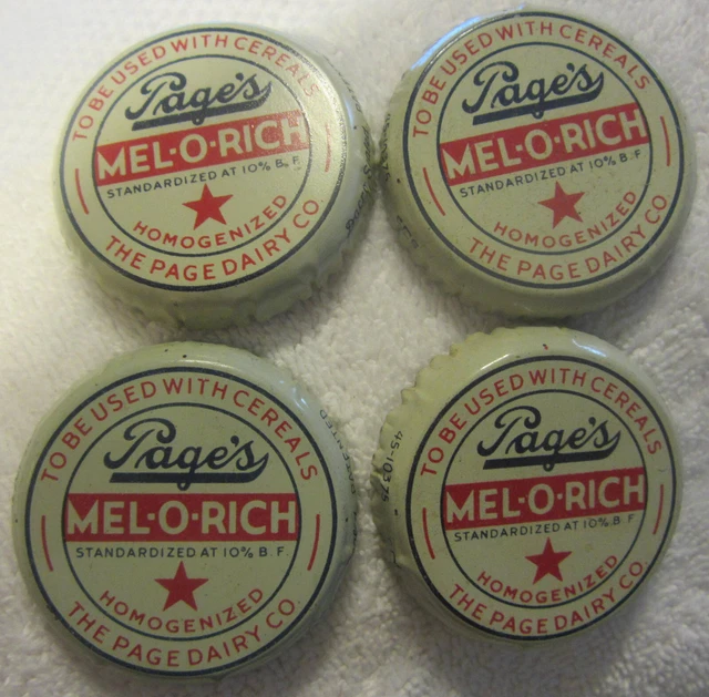 4 in lot,Page's Mel-O-Rich Homo Milk bottle Lid Cap metal cardboard Toledo Ohio