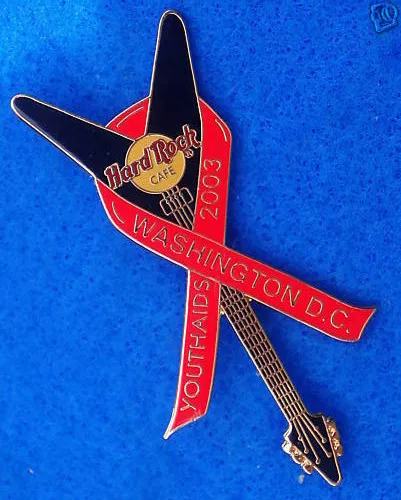 WASHINGTON DC YOUTH AIDS RED RIBBON BLACK FLYING V GUITAR Hard Rock Cafe PIN LE